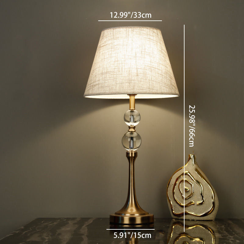 Traditional Vintage Scalloped Round Beads Fabric Crystal Brass 1-Light Table Lamp For Living Room