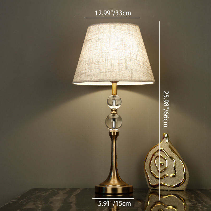 Traditional Vintage Scalloped Round Beads Fabric Crystal Brass 1-Light Table Lamp For Living Room
