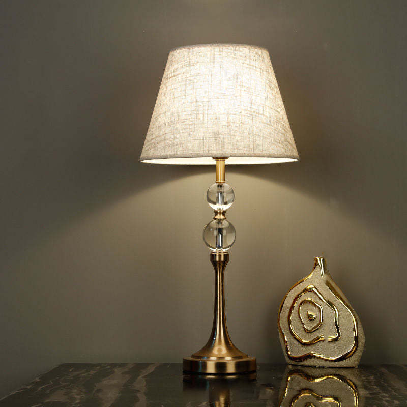Traditional Vintage Scalloped Round Beads Fabric Crystal Brass 1-Light Table Lamp For Living Room