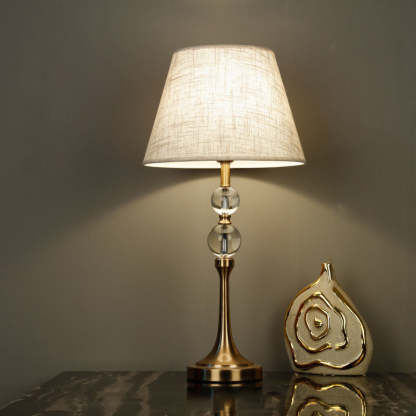 Traditional Vintage Scalloped Round Beads Fabric Crystal Brass 1-Light Table Lamp For Living Room