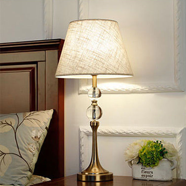 Traditional Vintage Scalloped Round Beads Fabric Crystal Brass 1-Light Table Lamp For Living Room