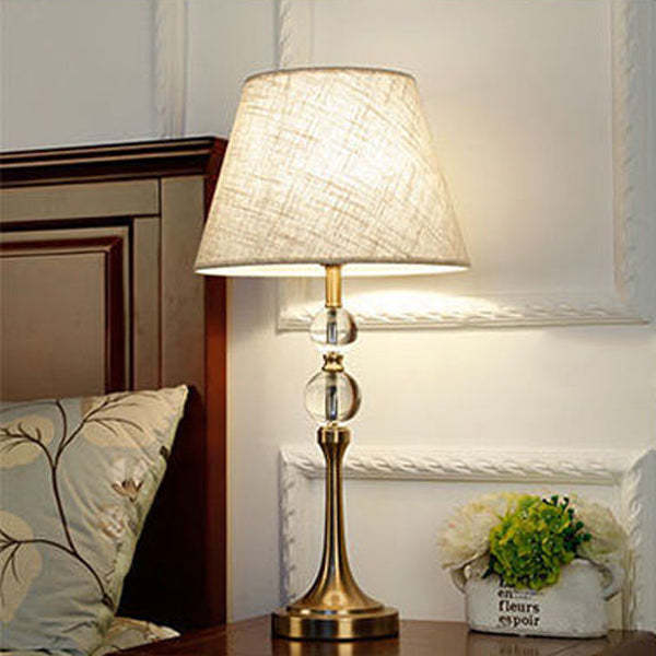 Traditional Vintage Scalloped Round Beads Fabric Crystal Brass 1-Light Table Lamp For Living Room
