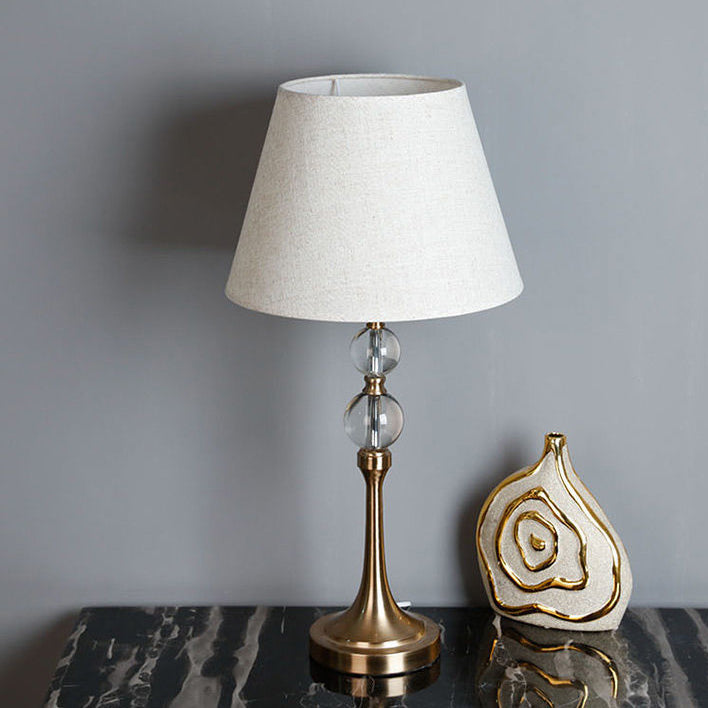 Traditional Vintage Scalloped Round Beads Fabric Crystal Brass 1-Light Table Lamp For Living Room