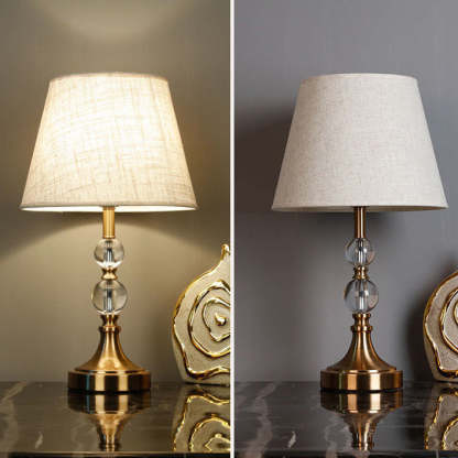 Traditional Vintage Scalloped Round Beads Fabric Crystal Brass 1-Light Table Lamp For Living Room