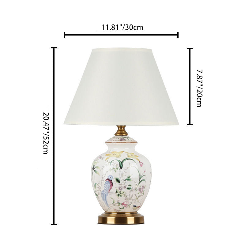 Chinese Patterned Bird Scalloped Fabric Ceramic Table Lamp — Push Button Switch / B / 220V-240V For UK/AU