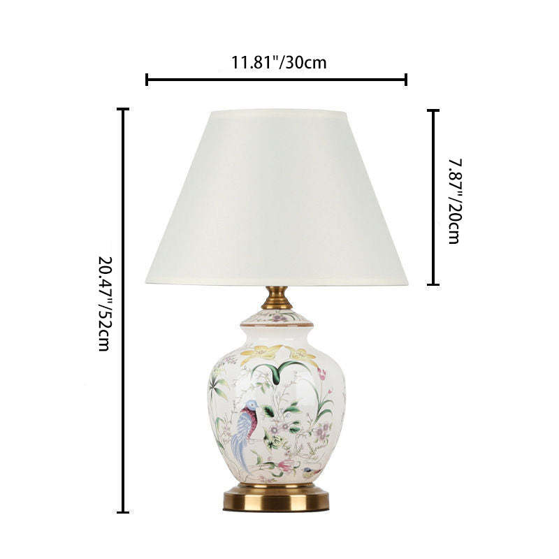 Chinese Patterned Bird Scalloped Fabric Ceramic Table Lamp — Push Button Switch / B / 220V-240V For UK/AU