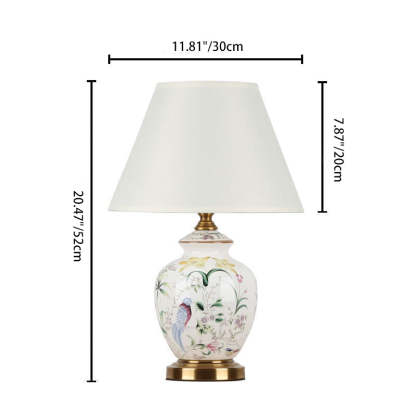 Chinese Patterned Bird Scalloped Fabric Ceramic Table Lamp — Push Button Switch / B / 220V-240V For UK/AU