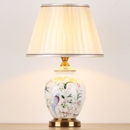 Chinese Patterned Bird Scalloped Fabric Ceramic Table Lamp — Push Button Switch / A / 220V-240V For UK/AU