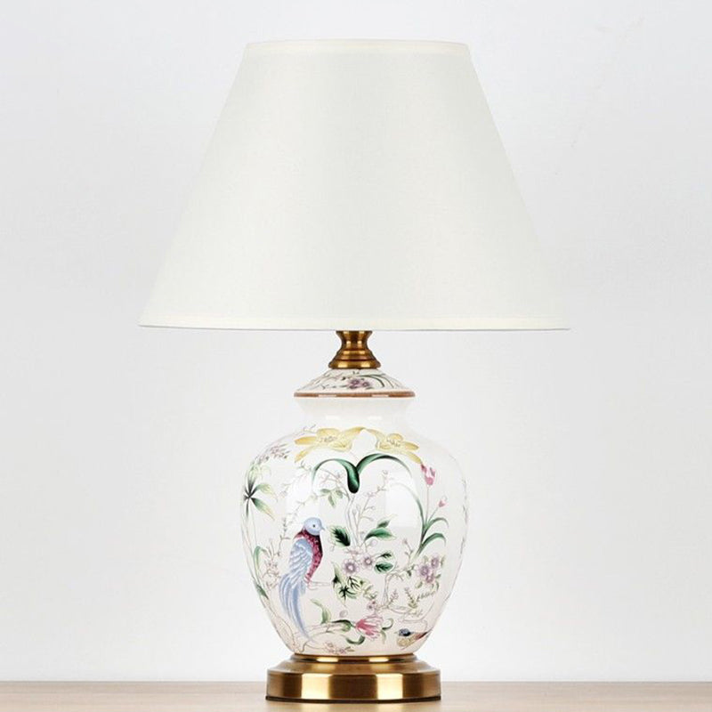 Chinese Patterned Bird Scalloped Fabric Ceramic Table Lamp — Dimmer Switch / B / 110V-120V For US/C