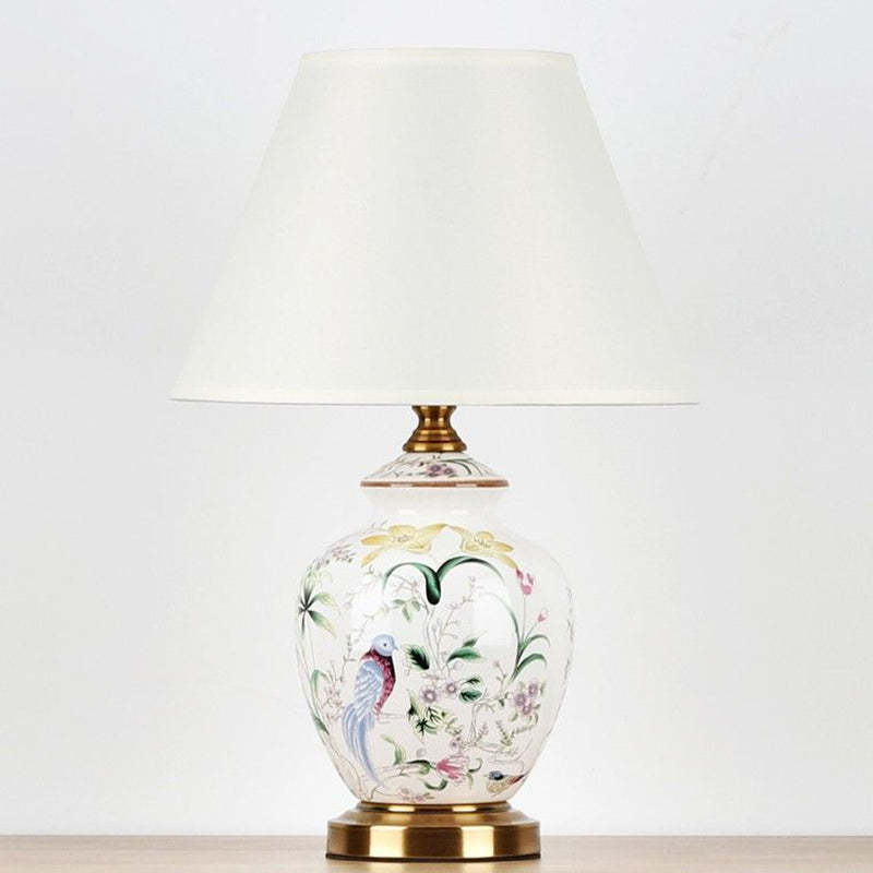 Chinese Patterned Bird Scalloped Fabric Ceramic Table Lamp — Dimmer Switch / B / 110V-120V For US/C