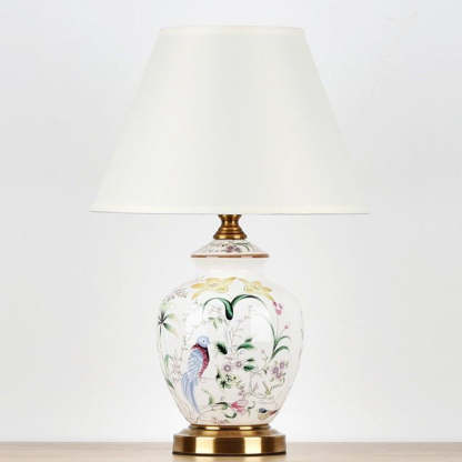 Chinese Patterned Bird Scalloped Fabric Ceramic Table Lamp — Dimmer Switch / B / 110V-120V For US/C