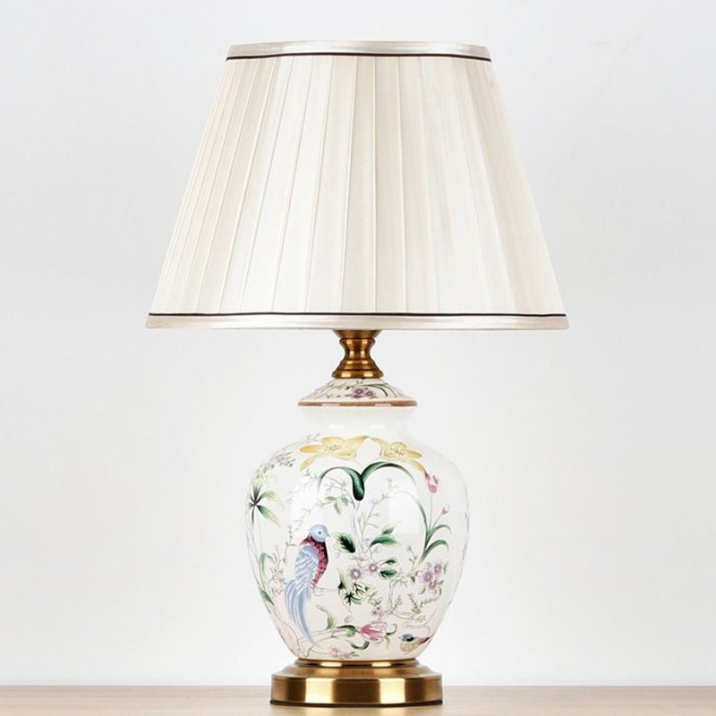 Chinese Patterned Bird Scalloped Fabric Ceramic Table Lamp — Push Button Switch / B / 110V-120V For US/C