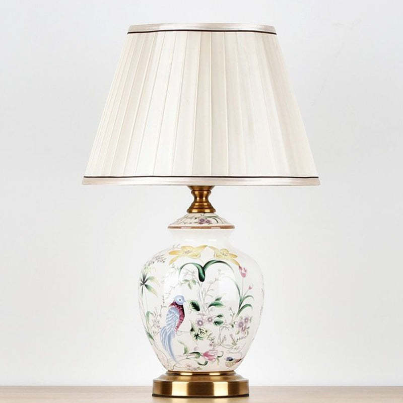 Chinese Patterned Bird Scalloped Fabric Ceramic Table Lamp — Push Button Switch / B / 110V-120V For US/C