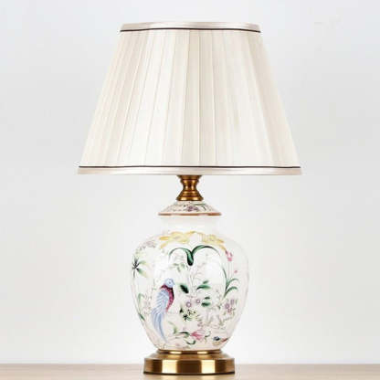 Chinese Patterned Bird Scalloped Fabric Ceramic Table Lamp — Push Button Switch / B / 110V-120V For US/C