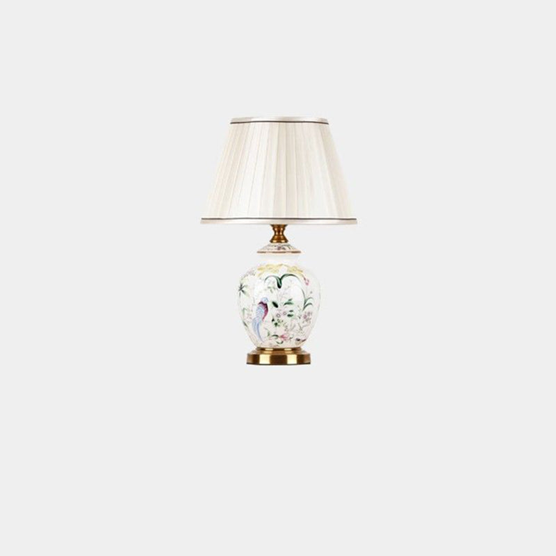 Chinese Patterned Bird Scalloped Fabric Ceramic Table Lamp — Remote Control Switch / A / 110V-120V For US/C