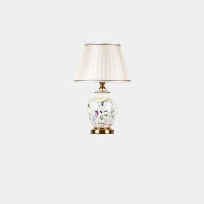 Chinese Patterned Bird Scalloped Fabric Ceramic Table Lamp — Remote Control Switch / A / 110V-120V For US/C