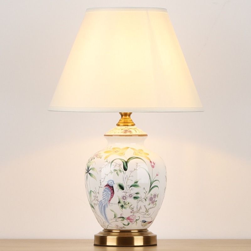 Chinese Patterned Bird Scalloped Fabric Ceramic Table Lamp — Push Button Switch / A / 110V-120V For US/C