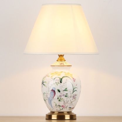 Chinese Patterned Bird Scalloped Fabric Ceramic Table Lamp — Push Button Switch / A / 110V-120V For US/C