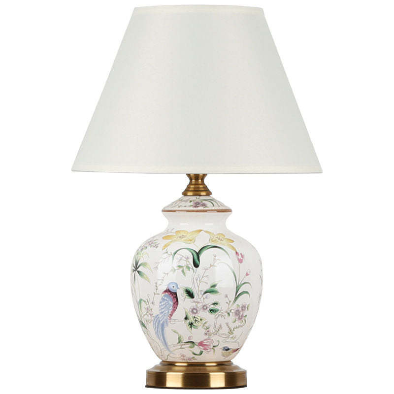 Chinese Patterned Bird Scalloped Fabric Ceramic Table Lamp — Dimmer Switch / B / 220V-240V For UK/AU