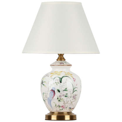 Chinese Patterned Bird Scalloped Fabric Ceramic Table Lamp — Dimmer Switch / B / 220V-240V For UK/AU