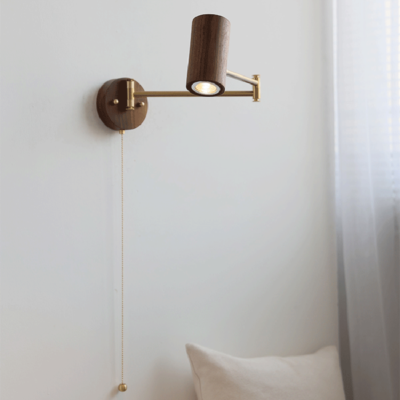 Japanese Cylinder Swing Arm Adjustable Wood Iron Wall Sconce
