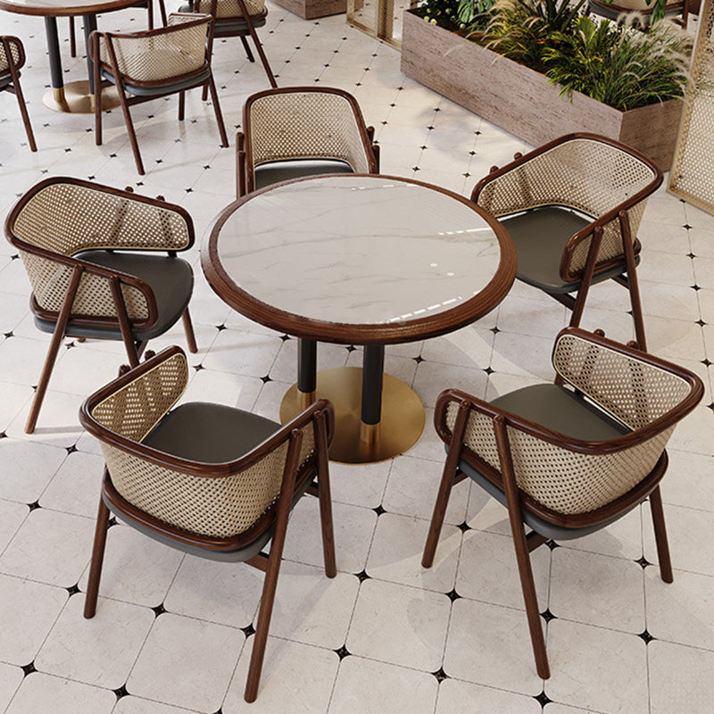 Vintage Half-Wrap Leather Rattan Solid Wood Dining Chair — Beige Yellow
