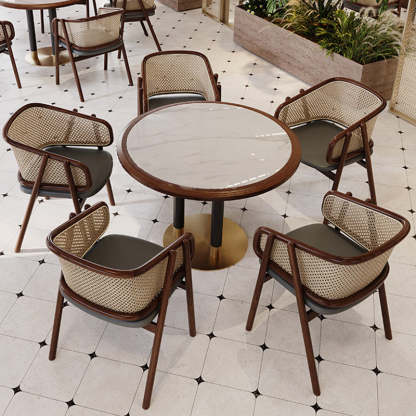 Vintage Half-Wrap Leather Rattan Solid Wood Dining Chair — Beige Yellow