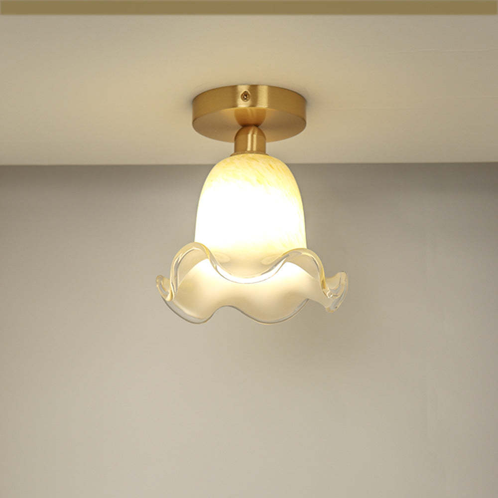 French Floral Glass Copper 1-Light Semi-Flush Ceiling Light — 220V-240V For UK/AU