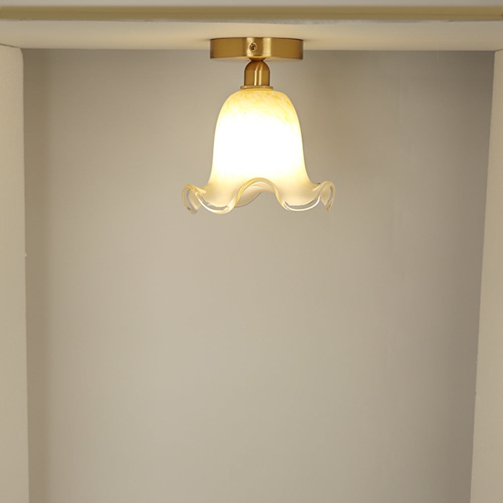 French Floral Glass Copper 1-Light Semi-Flush Ceiling Light