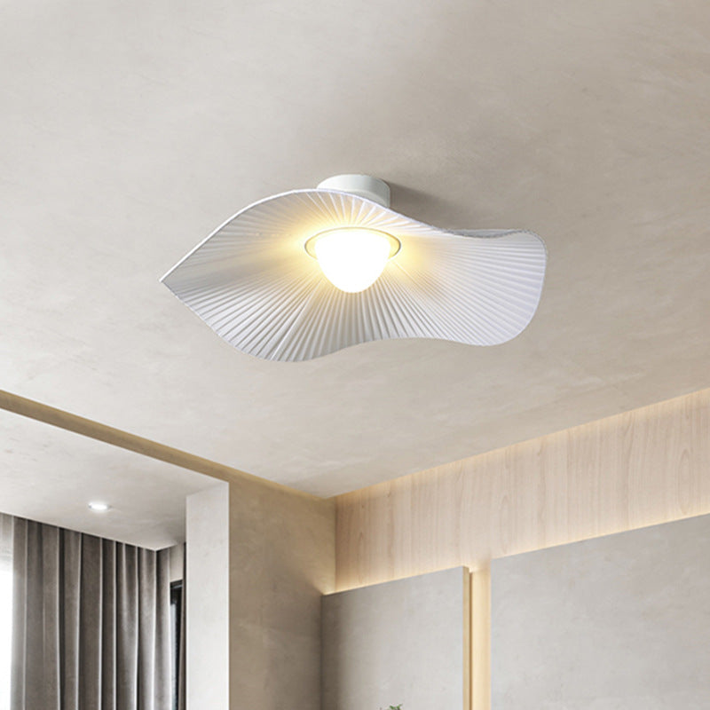 French Cream Ruffle Fabric Iron LED Semi-Flush Ceiling Light