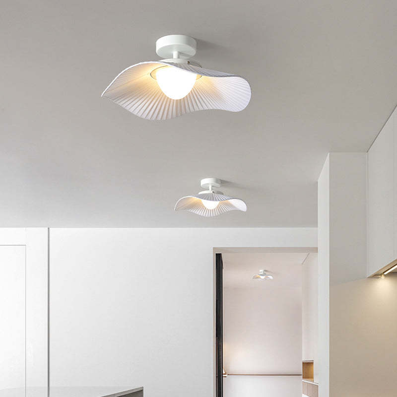 French Cream Ruffle Fabric Iron LED Semi-Flush Ceiling Light — 110V-120V For US/CA / White Light (5000K)