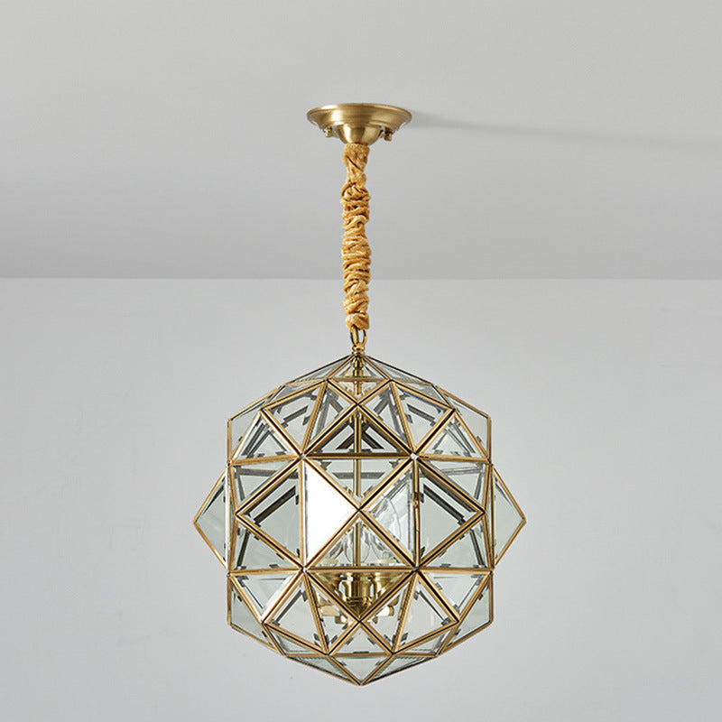 Mid-Century Waterproof Copper Glass Cage Rhombic Chandelier