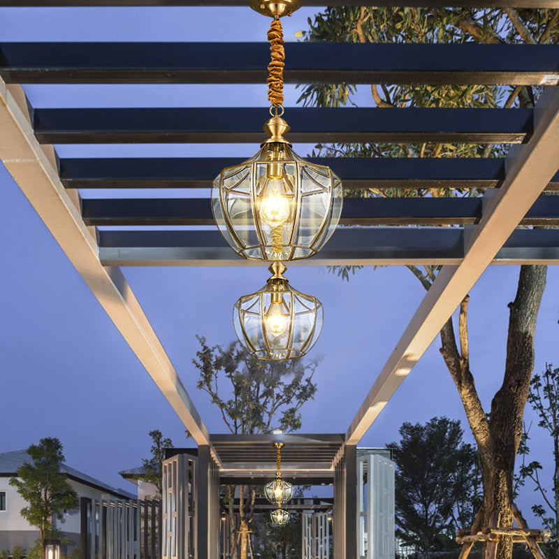 Mid-Century Waterproof Copper Glass Cage Rhombic Chandelier