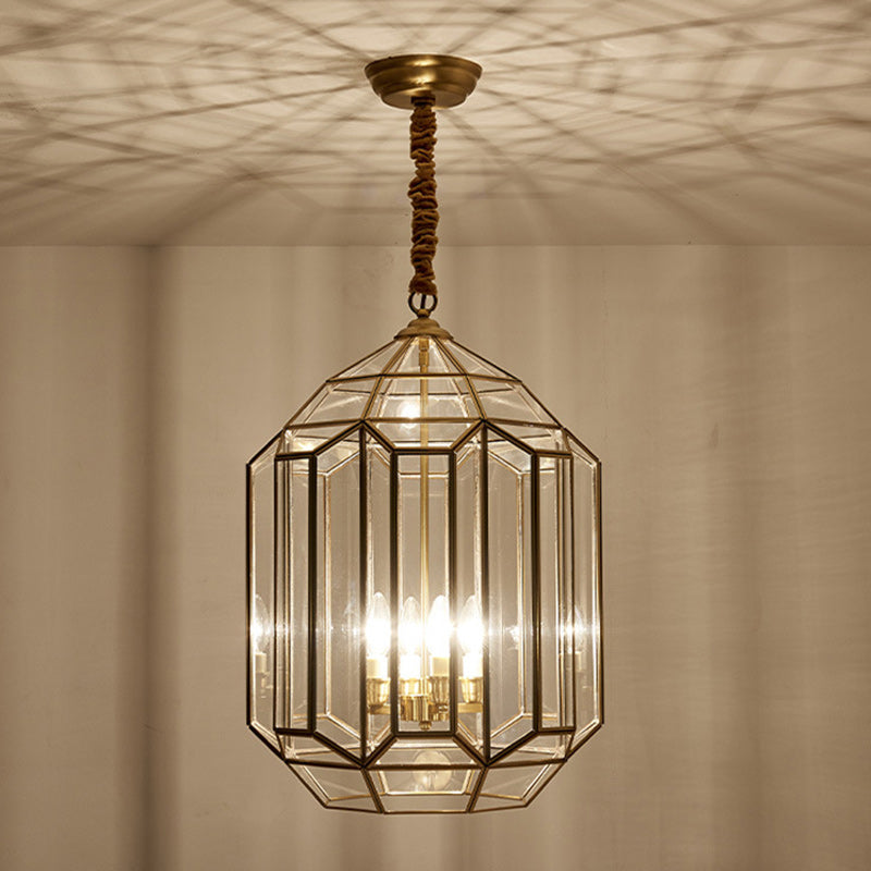 Mid-Century Waterproof Copper Glass Cage Rhombic Chandelier