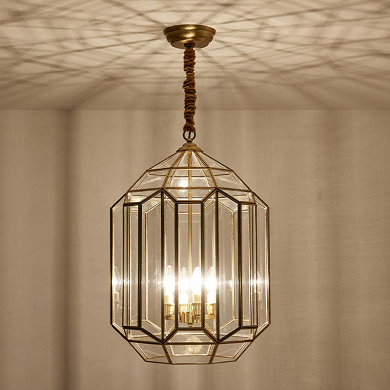 Mid-Century Waterproof Copper Glass Cage Rhombic Chandelier