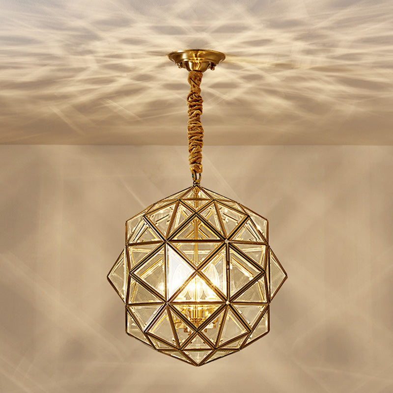 Mid-Century Waterproof Copper Glass Cage Rhombic Chandelier
