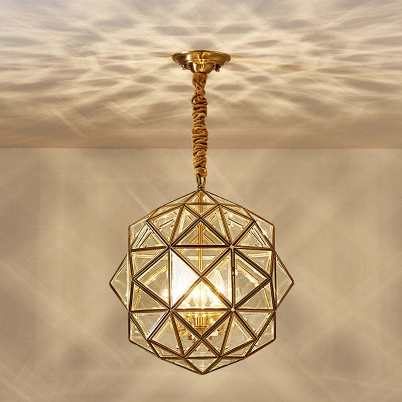 Mid-Century Waterproof Copper Glass Cage Rhombic Chandelier