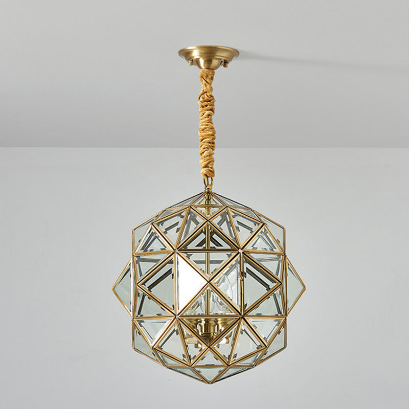 Mid-Century Waterproof Copper Glass Cage Rhombic Chandelier