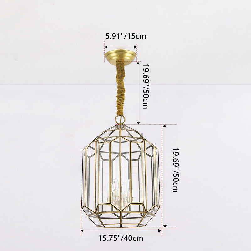 Mid-Century Waterproof Copper Glass Cage Rhombic Chandelier — F / 110V-120V For US/CA