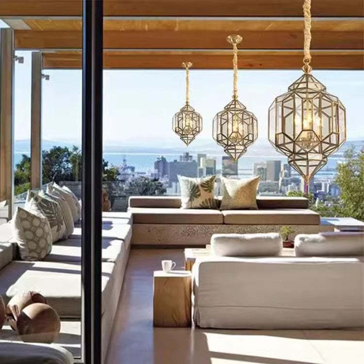 Mid-Century Waterproof Copper Glass Cage Rhombic Chandelier