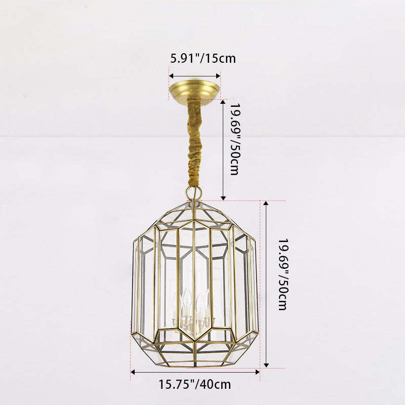 Mid-Century Waterproof Copper Glass Cage Rhombic Chandelier — F / 110V-120V For US/CA