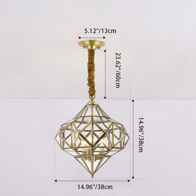 Mid-Century Waterproof Copper Glass Cage Rhombic Chandelier — G / 220V-240V For UK/AU