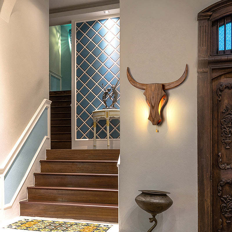 Traditional Rustic Solid Wood Cow Head LED Sconce