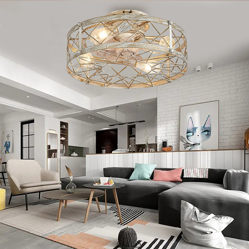Industrial Caged Metal Mount Ceiling Fan Light