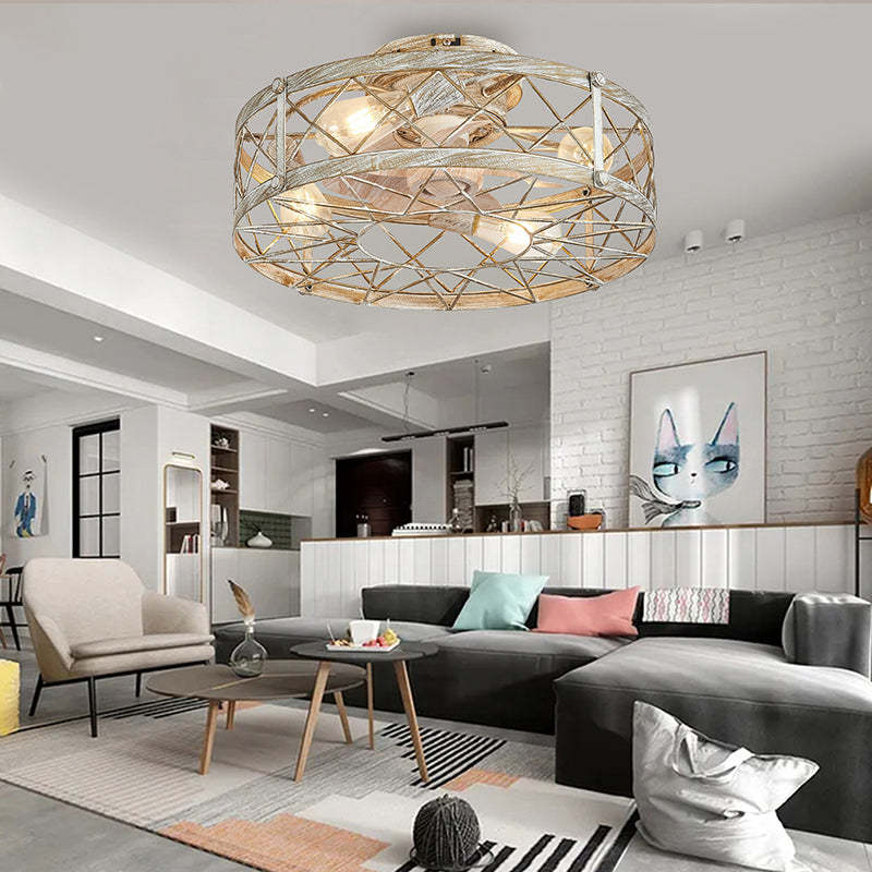 Industrial Caged Metal Mount Ceiling Fan Light