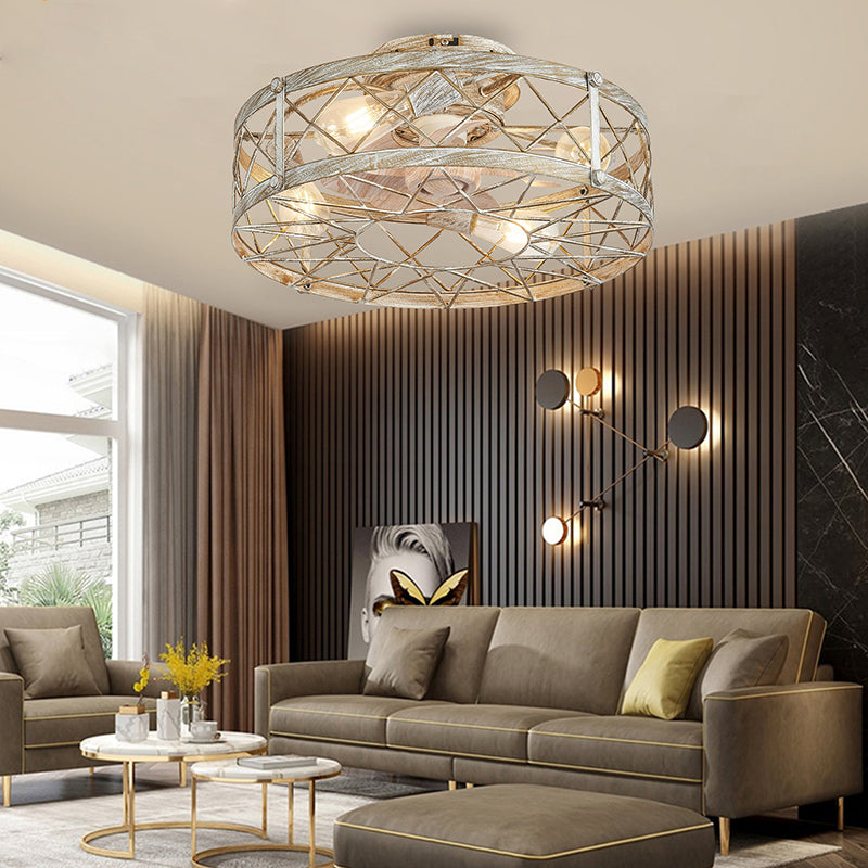 Industrial Caged Metal Mount Ceiling Fan Light