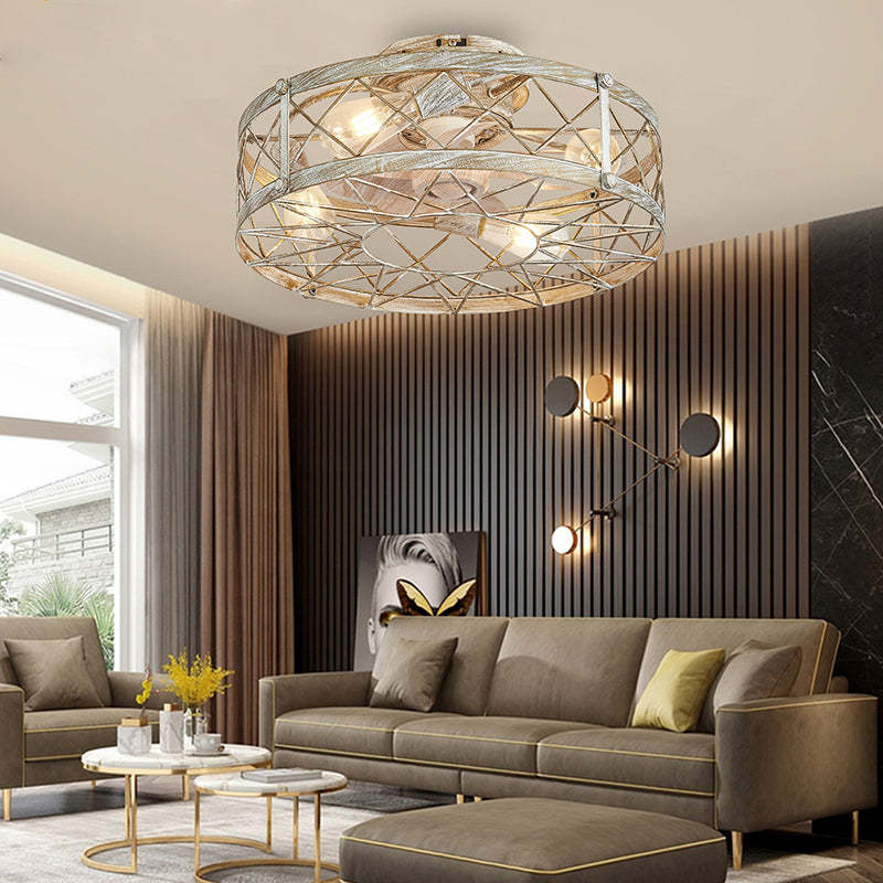 Industrial Caged Metal Mount Ceiling Fan Light