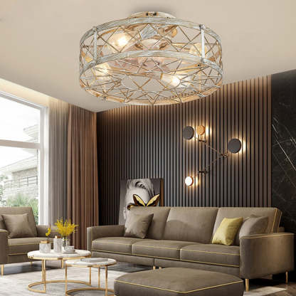 Industrial Caged Metal Mount Ceiling Fan Light
