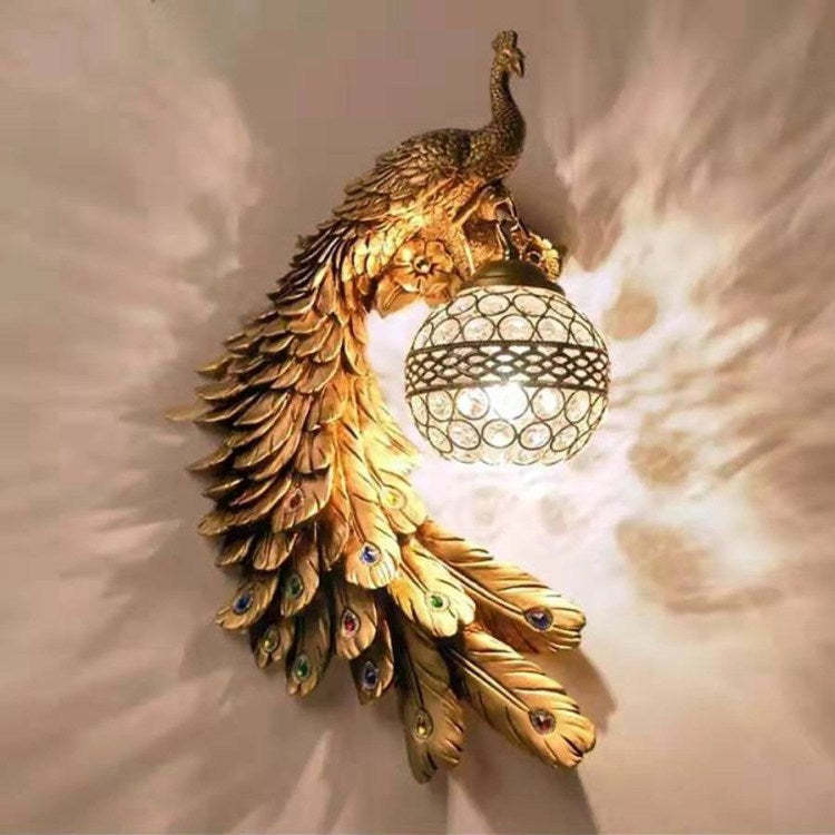 Traditional decor peacock green wall sconces in resin — Left / Brushed Gold / 110V-120V (US/CA)
