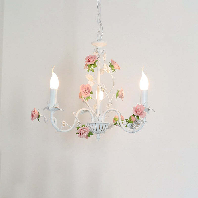 French Iron Ceramic Rose Candlestick Chandelier
